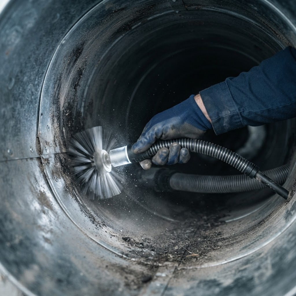 Rotary brush deep cleaning inside an air duct